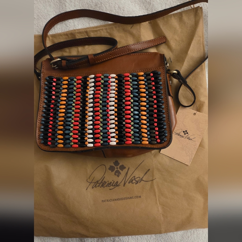 NWT Patricia Nash Wooden Beaded Front Leather Crossbody